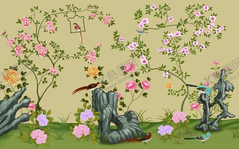 编号：87499406251749029480【酷图网】源文件下载-花鸟画手绘画鸟背景墙