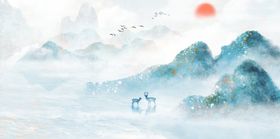 古风山水传统国风插画卡通背景
