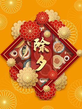 春节除夕剪纸花朵年夜饭