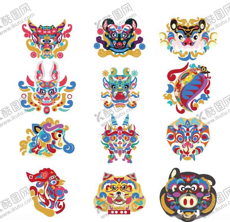 编号：44523905111806548574【酷图网】源文件下载-12生肖剪纸脸谱