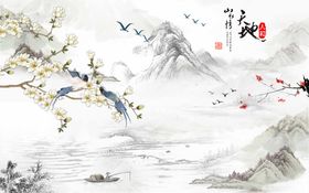 玉兰花山水背景墙