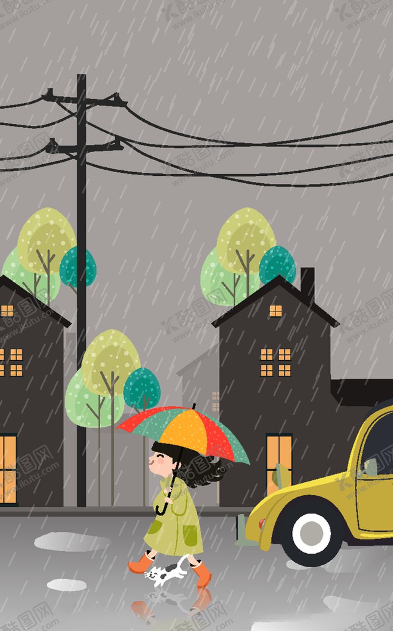 编号：12461110021414192226【酷图网】源文件下载-创意雨中散步的女孩和猫咪