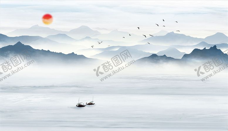 编号：89166903160512405138【酷图网】源文件下载-水墨山水小船雁群太阳飞鸟背景墙