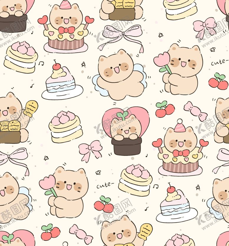 编号：84268804011618521429【酷图网】源文件下载-可爱猫咪与甜点图案设计