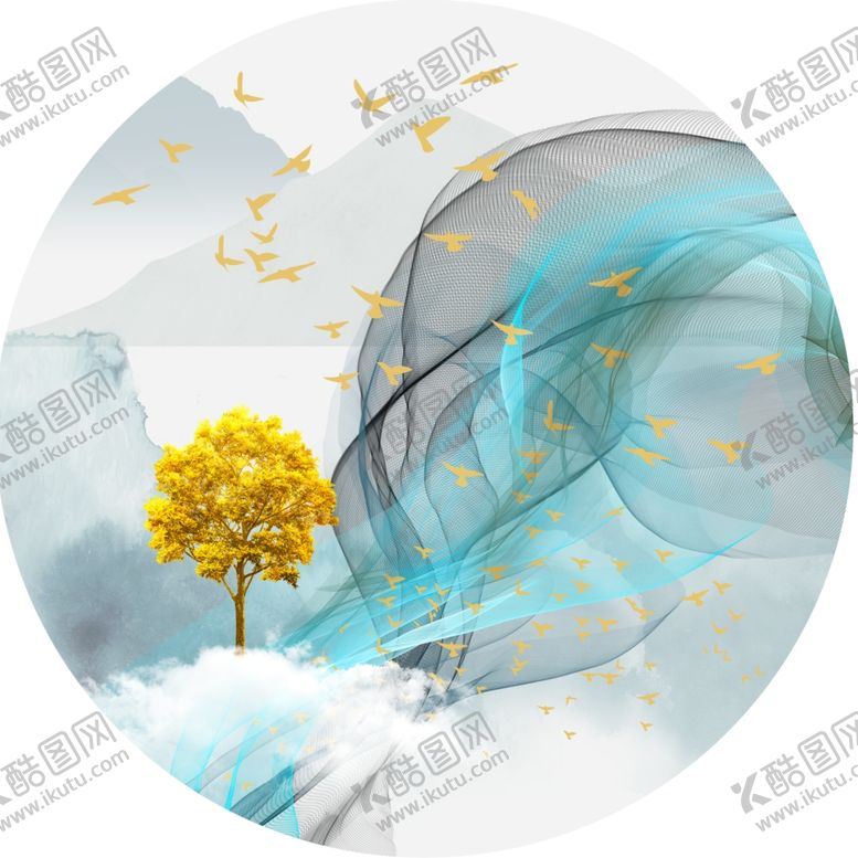 编号：47714201170411417514【酷图网】源文件下载-飞鸟发财树圆形挂画装饰画