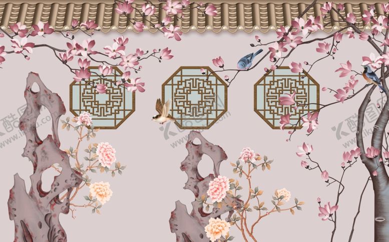 编号：63324010230940122030【酷图网】源文件下载-宫廷庭院小景宫廷风背景墙