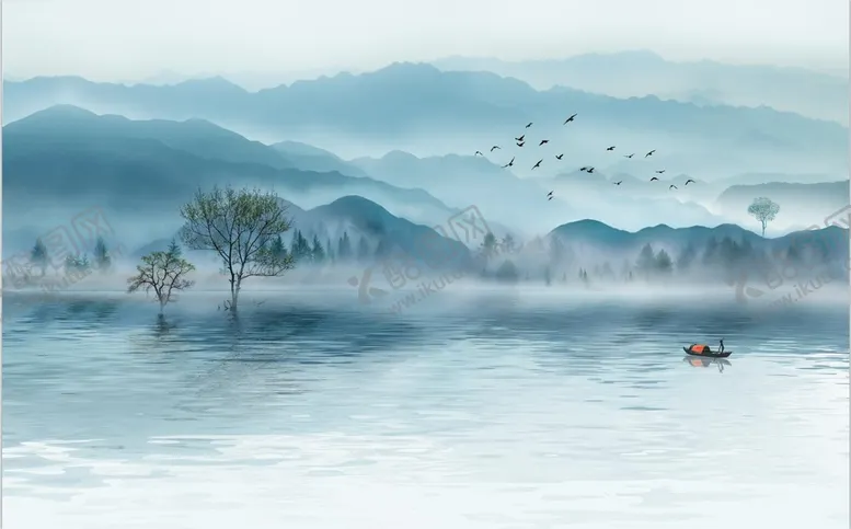编号：75319809201819376970【酷图网】源文件下载-水墨山水简约花鸟背景客厅装饰画