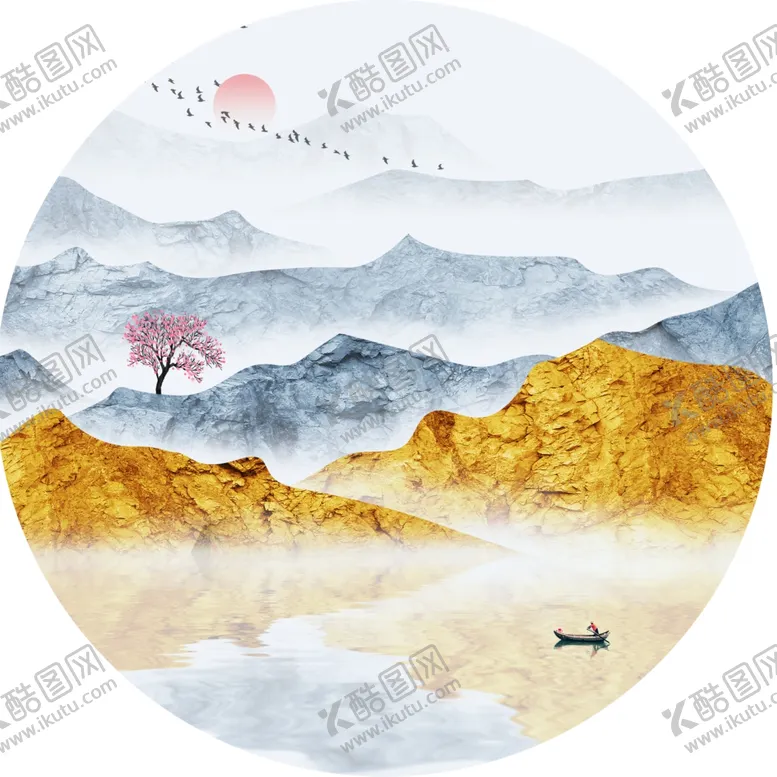 编号：46507301170506553772【酷图网】源文件下载-山水湖泊圆形挂画装饰画
