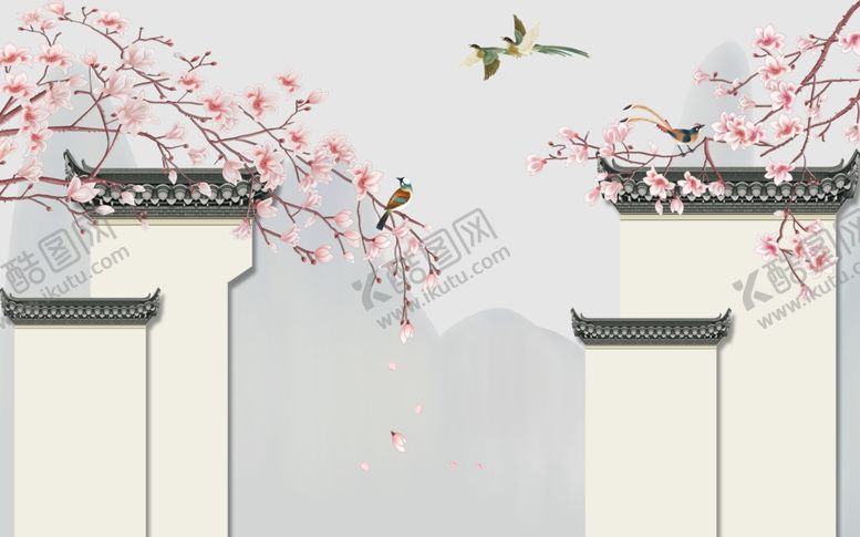 编号：99556409290547171134【酷图网】源文件下载-工笔花鸟背景墙装饰画