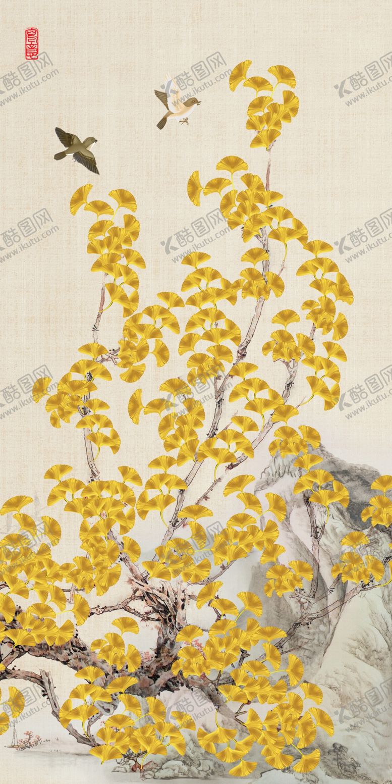 编号：90520809221641558622【酷图网】源文件下载-飞鸟银杏玄关装饰画
