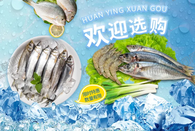 编号：77048812182133519554【酷图网】源文件下载-新鲜海鲜欢迎选购超市海报