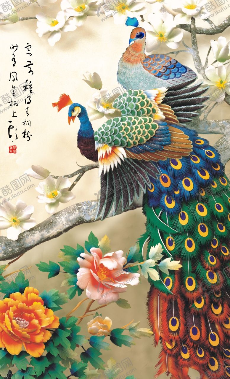 孔雀雌雄孔雀图背景墙玄关写意喜鹊花鸟中式