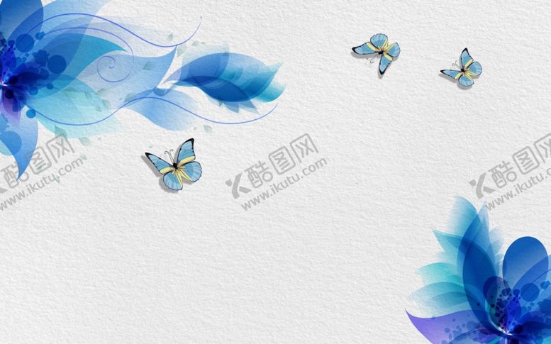 编号：74113610192228188614【酷图网】源文件下载-梦幻蓝色花朵蝴蝶电视背景墙壁画