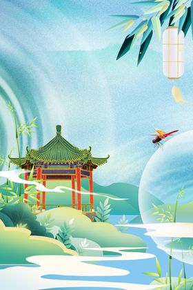 荷花凉亭复古背景海报素材
