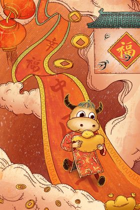 2021牛年国潮插画中风红色金元宝