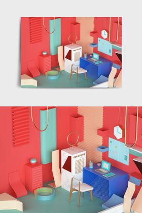 C4D模型桌子展板活动背景低面体