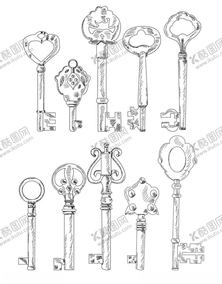 编号：75195402271641341790【酷图网】源文件下载-素描古典铜钥匙矢量元素
