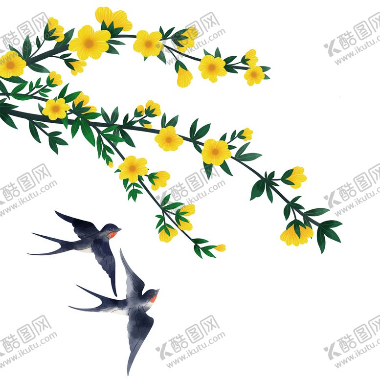 编号：57389409230045356452【酷图网】源文件下载-水墨花燕子手绘水粉春天