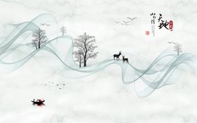水墨画鹿树飘带背景墙