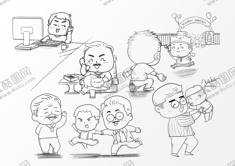编号：26798309161948005640【酷图网】源文件下载-父亲节父与子手绘卡通黑白线描