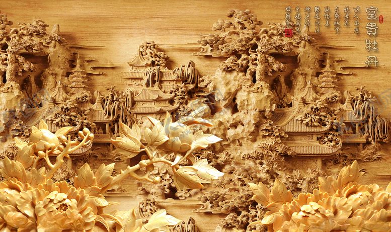 编号：33244109280951354156【酷图网】源文件下载-家和富贵浮雕牡丹花电视背景墙