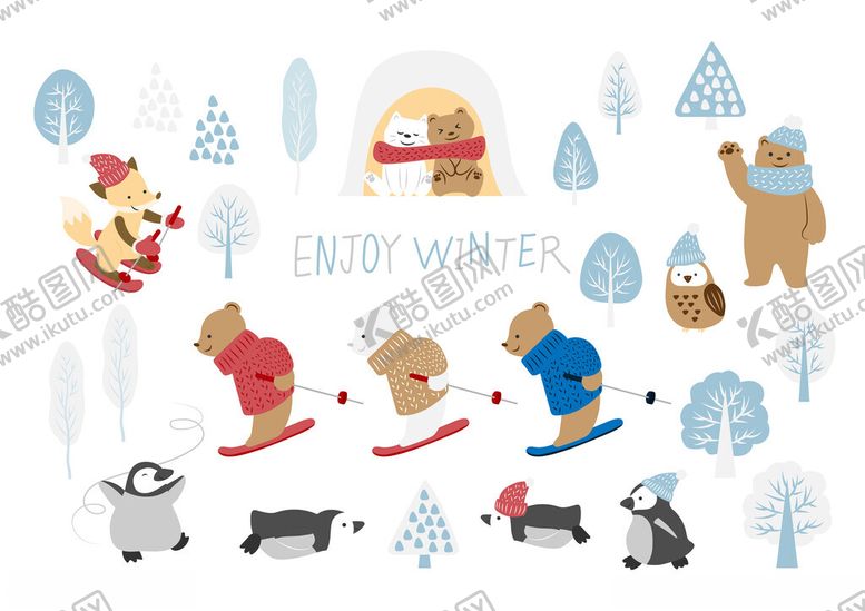 编号：53516609302231377902【酷图网】源文件下载-冬季动物欢乐场景插画