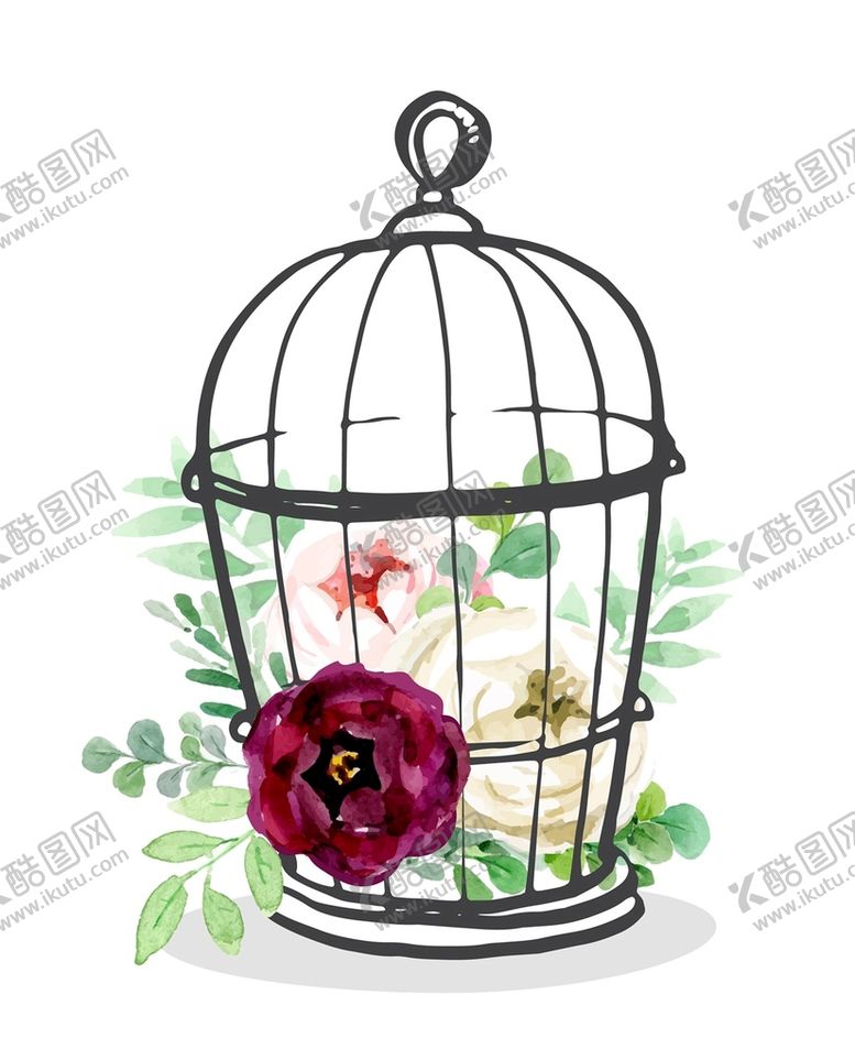 编号：05973809130313352809【酷图网】源文件下载-水彩花卉鸟笼