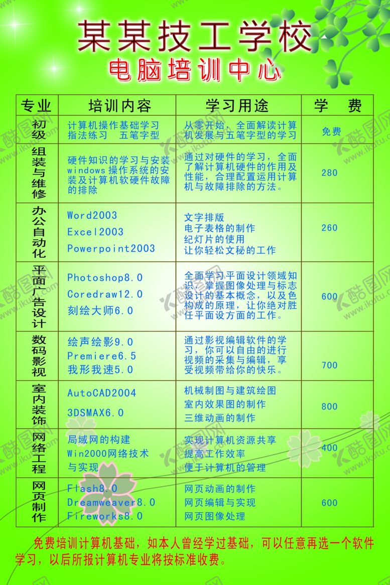 编号：18237309210351595208【酷图网】源文件下载-技工学校电脑培训课目表