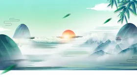 中国风山水背景禅意电视墙墨画