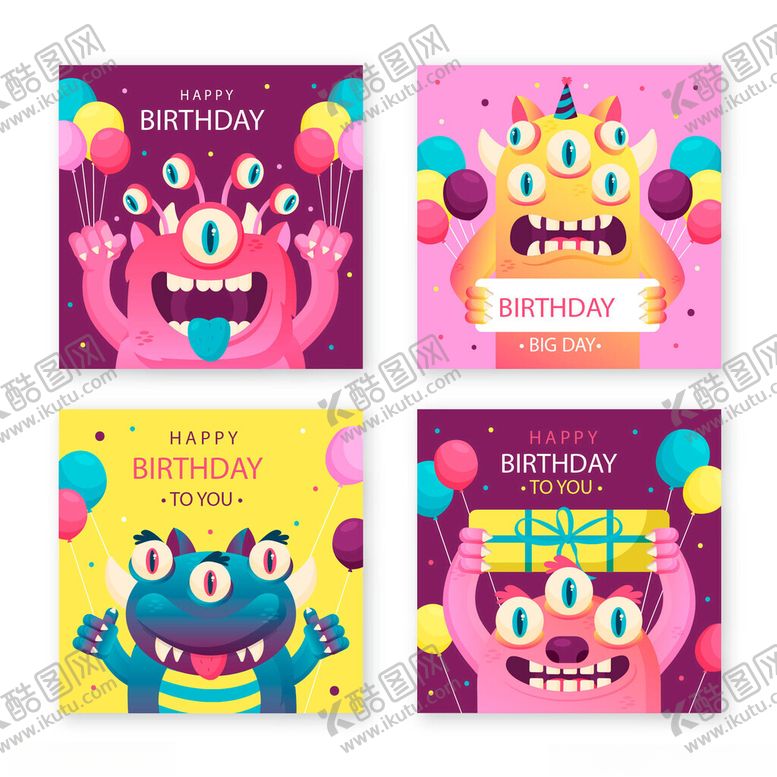 编号：61814404141349597695【酷图网】源文件下载-可爱怪兽生日贺卡设计