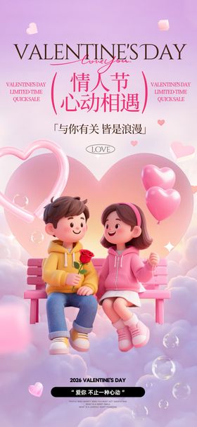 粉紫色情人节插画卡通宣传海报