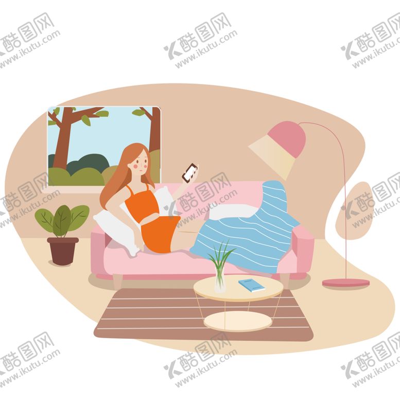 编号：67305309191314517953【酷图网】源文件下载-女孩躺在沙发上玩手机插画