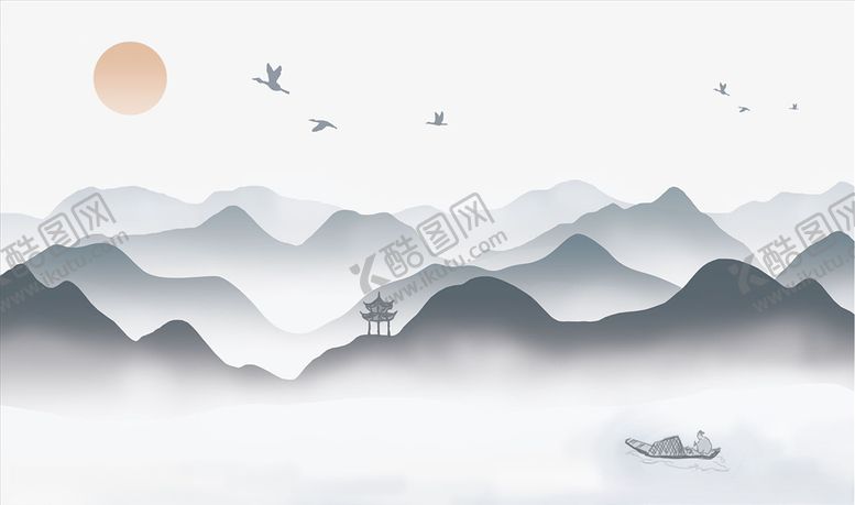 编号：96310205090750365750【酷图网】源文件下载-水墨山水小船大雁背景墙
