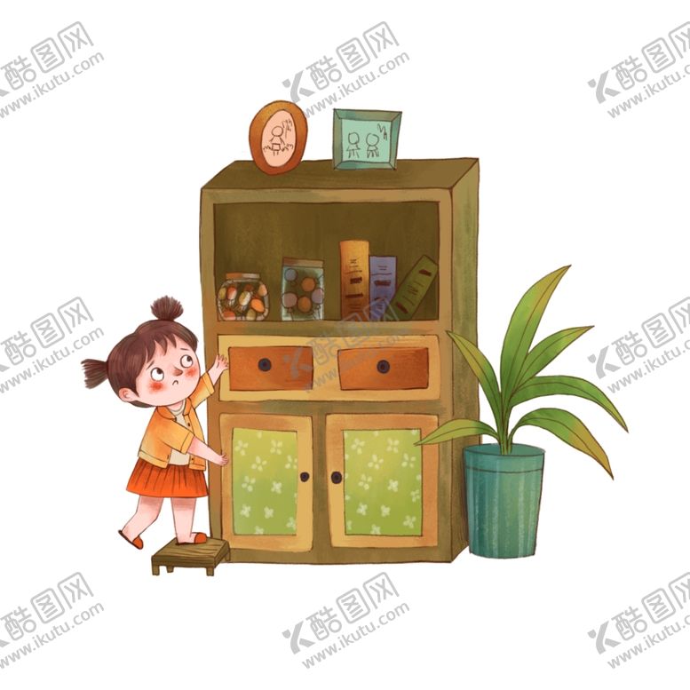 编号：77640109270040342945【酷图网】源文件下载-女孩想拿柜子里的糖果