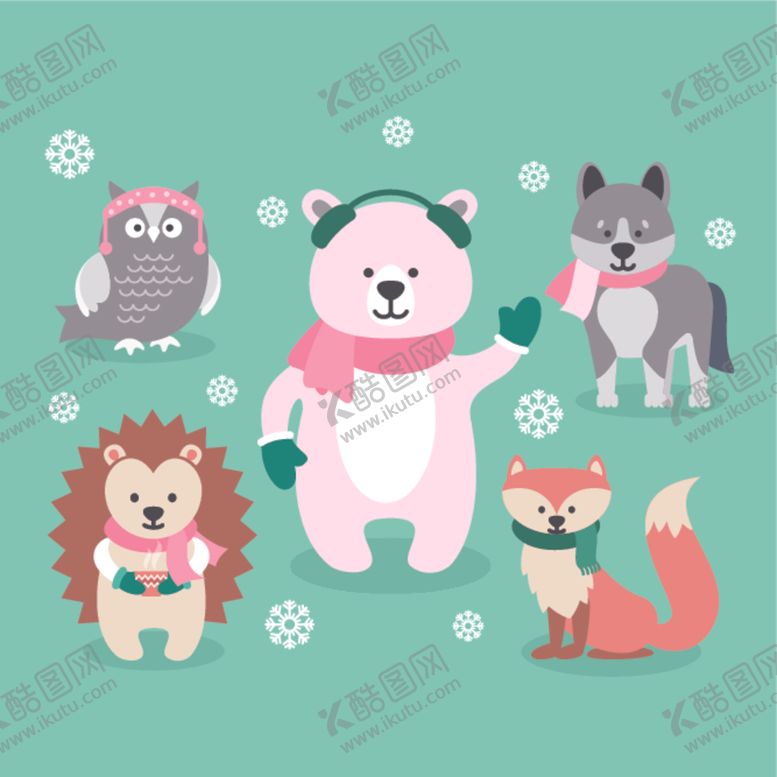 编号：38419603051046123260【酷图网】源文件下载-冬季扁平风卡通小动物插画