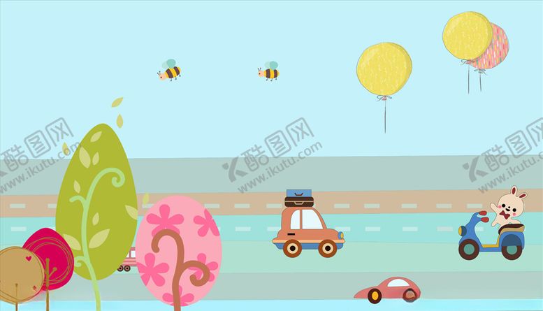 编号：90381604210621438863【酷图网】源文件下载-卡通汽车树抽象背景墙