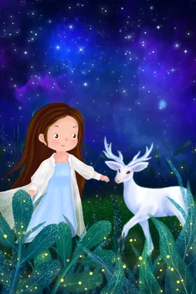 手绘梦幻小清新星空插画人物河意境