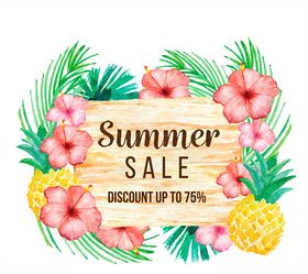 水彩绘夏季扶桑花和凤梨促销海报