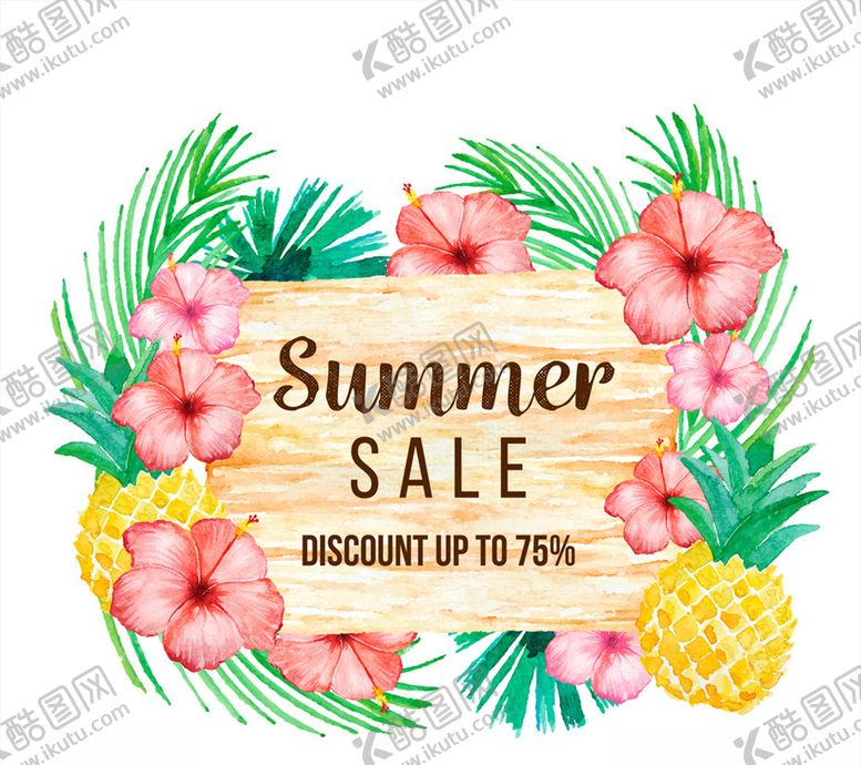 编号：49950010311310087109【酷图网】源文件下载-水彩绘夏季扶桑花和凤梨促销海报