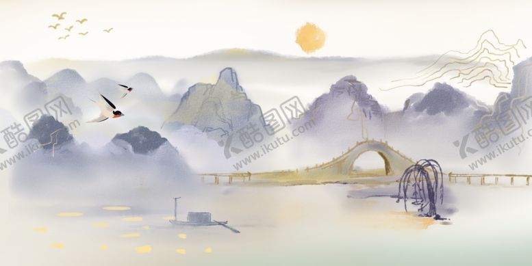 编号：45269903141145412594【酷图网】源文件下载-手绘鱼塘池塘群山山水画
