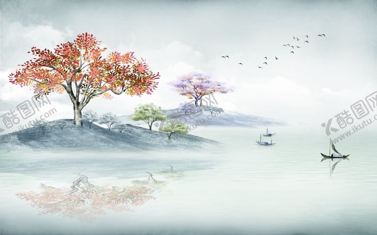 编号：42589609222116461572【酷图网】源文件下载-水墨山水小船背景墙