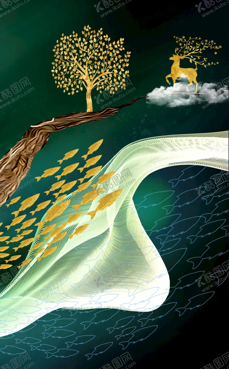 编号：14945410270703032230【酷图网】源文件下载-游鱼发财树艺术挂画装饰画