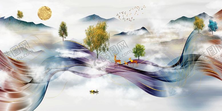 编号：65923110081347472351【酷图网】源文件下载-绸带意境山水装饰画