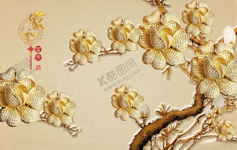 编号：67526405152234017725【酷图网】源文件下载-浮雕花珠宝花家和富贵背景墙