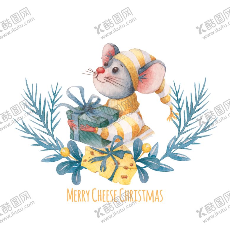 编号：42878710100300255256【酷图网】源文件下载-水彩绘圣诞节抱礼物的老鼠