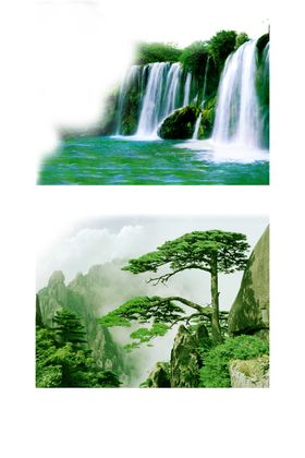 山水迎客松瀑布黄