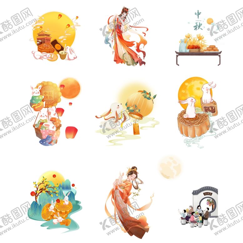 编号：19979206270300333902【酷图网】源文件下载-中秋古风元素插画集合