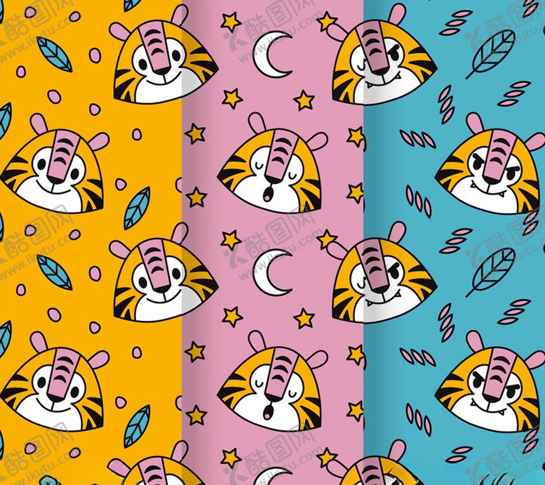 编号：79978507021958277601【酷图网】源文件下载-3款彩色老虎头像无缝背景