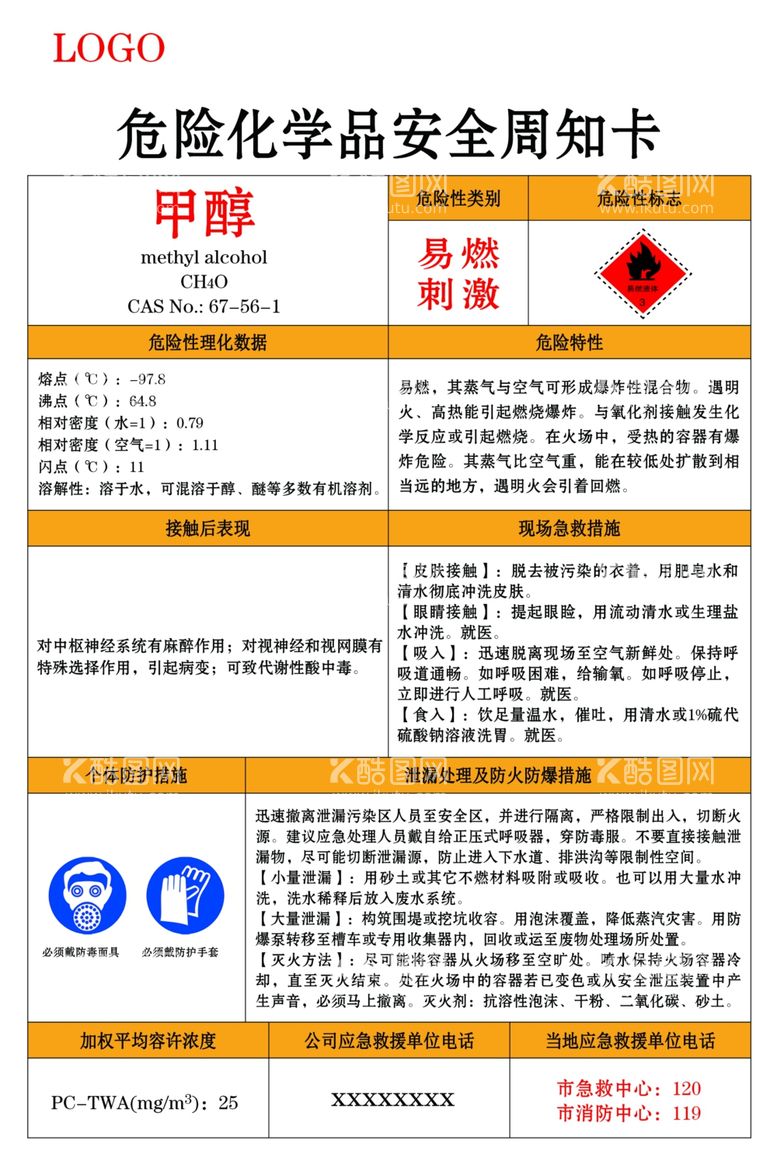 编号：97778212211118033322【酷图网】源文件下载-甲醇危险化学品安全周知卡