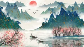 古风背景水墨画山水画素材国画展板